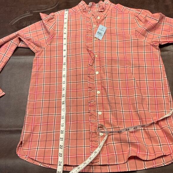 Loft Plaid Ruffle Button Up Blouse Pink Long Sleeve Women SP Preppy Spring‎ New - Picture 15 of 15